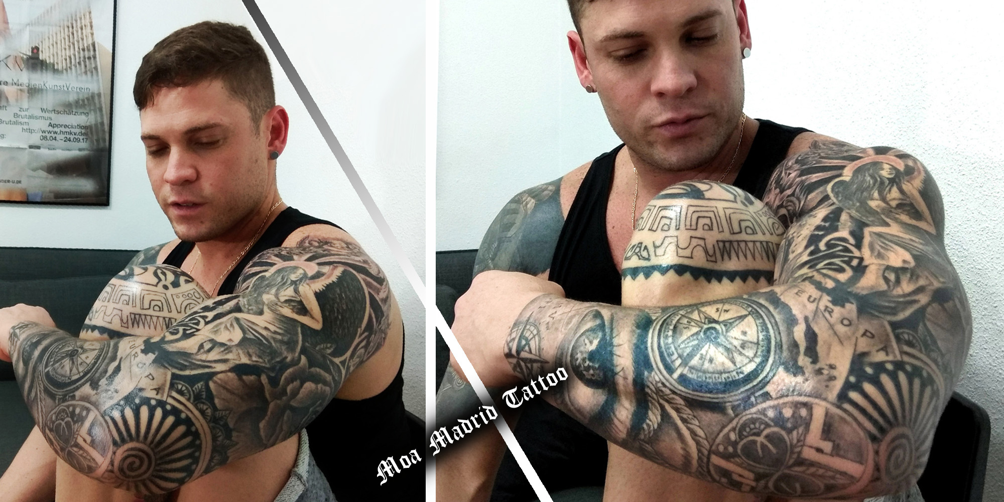 Tatuaje maorí en rodilla en progreso y tatuaje de brazo entero en realismo terminado