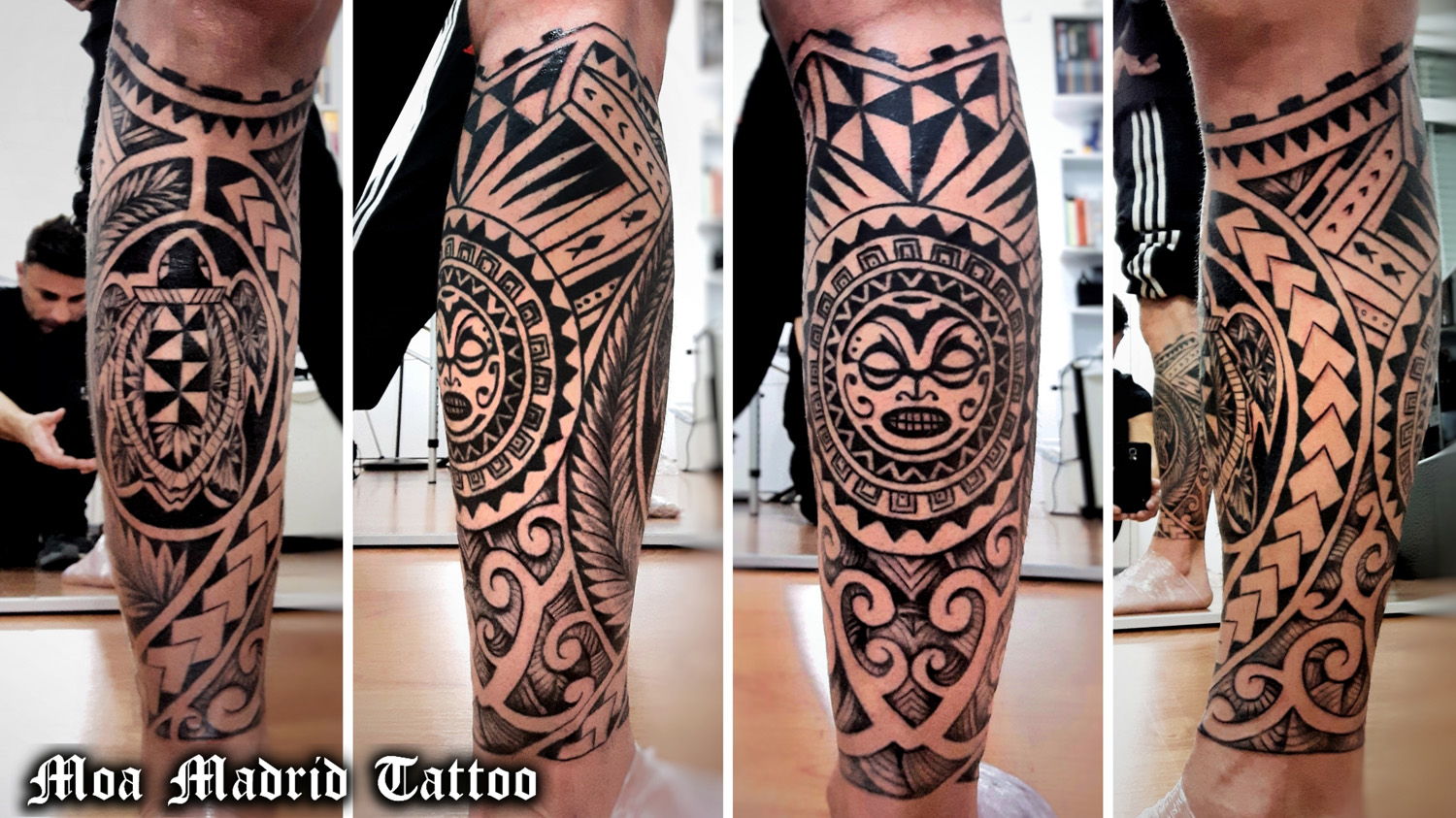 Tatuaje maorí rodeando la pierna, de rodilla a tobillo, con sol y tortug
