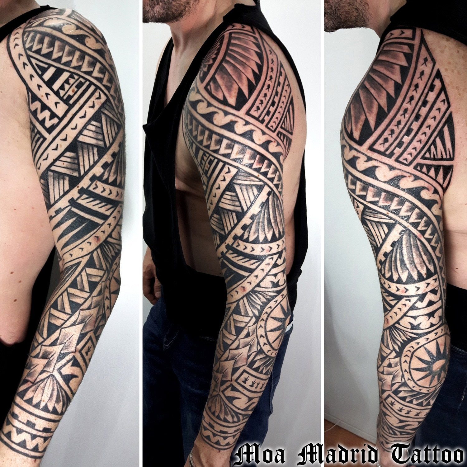 Tatuaje maorí de brazo entero y hombro