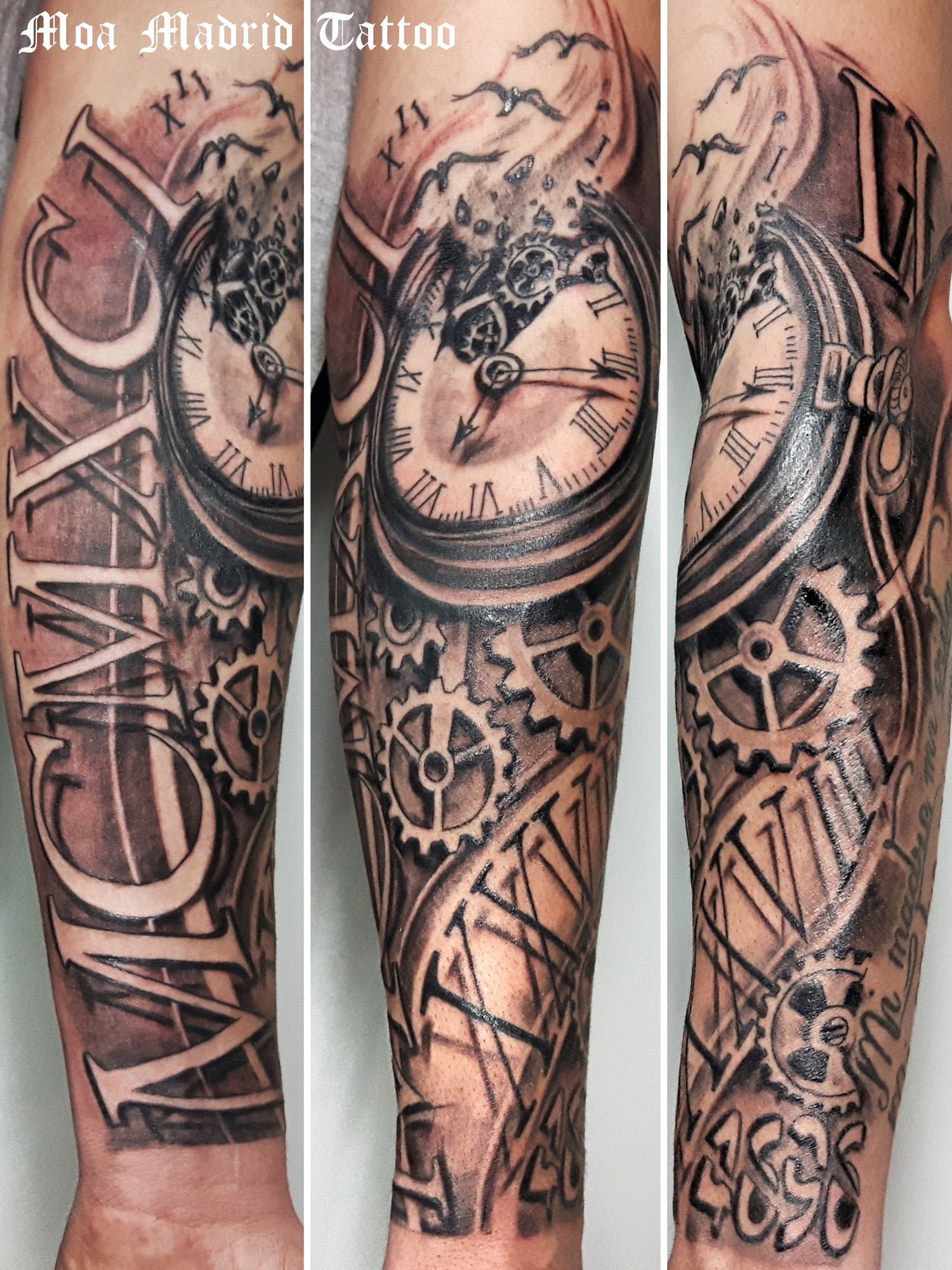 Tatuaje rodeando el antebrazo con reloj y fechas con efectos 3D