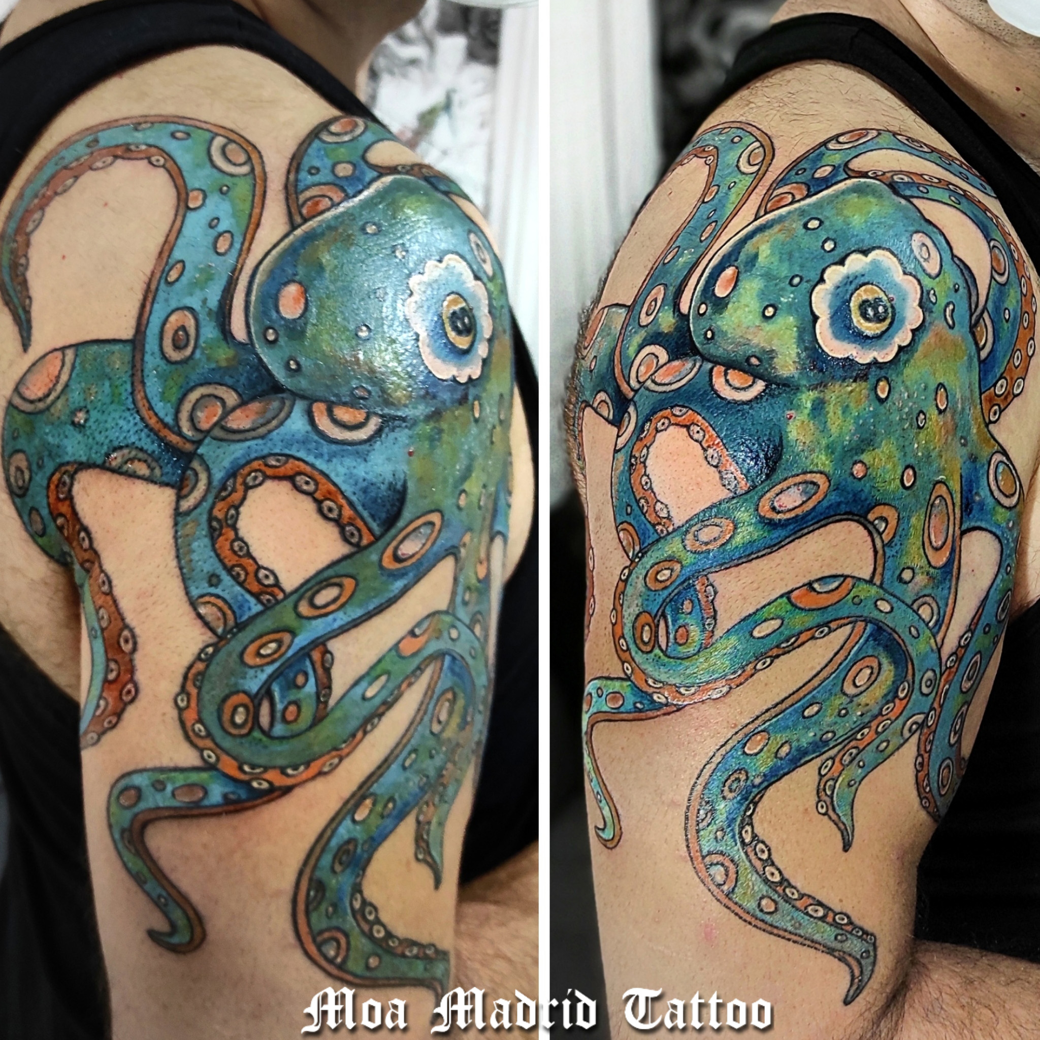 Tatuaje de pulpo a color en brazo y hombro con su colores favoritos