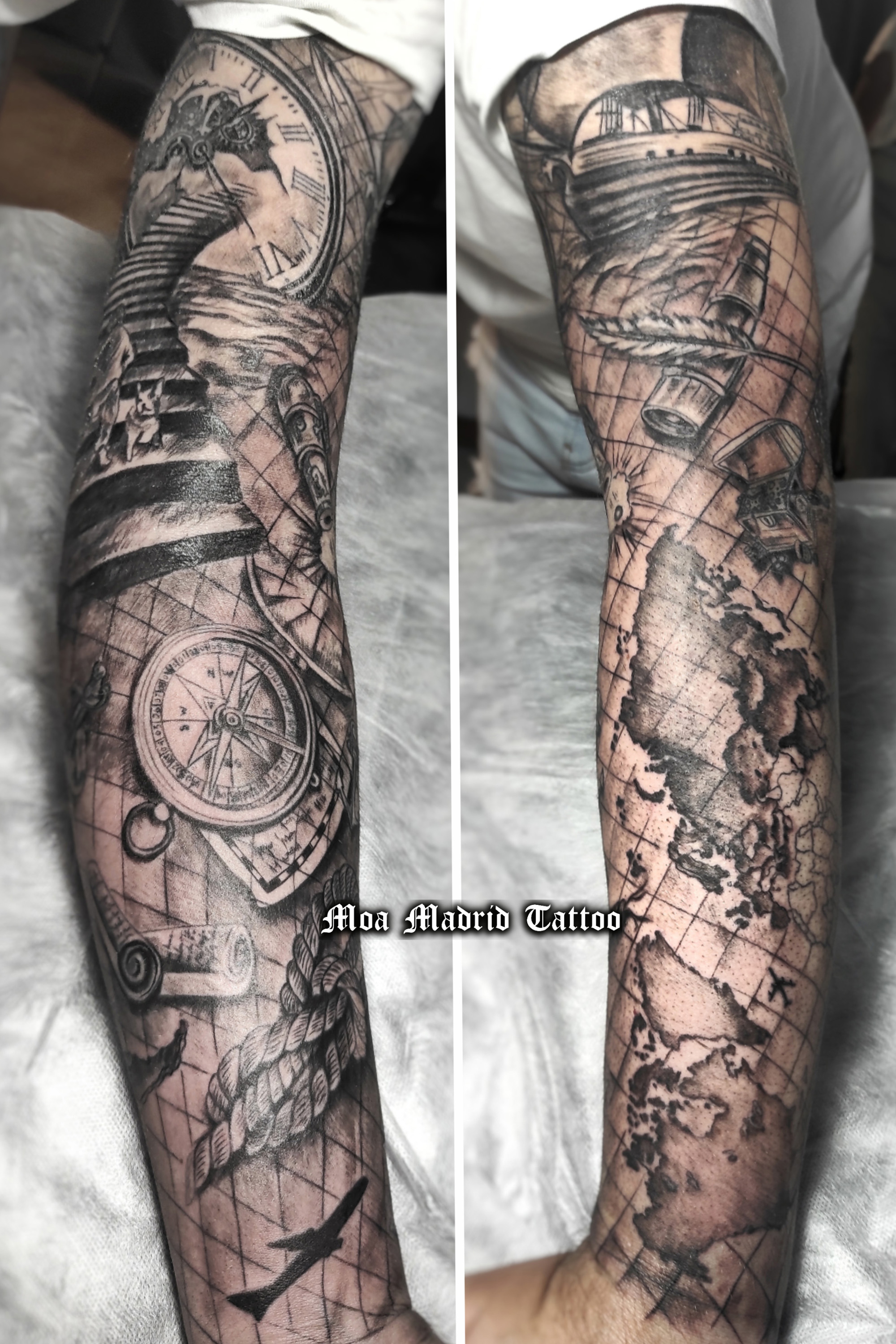 Todo el brazo tatuado en realismo de hombro a codo