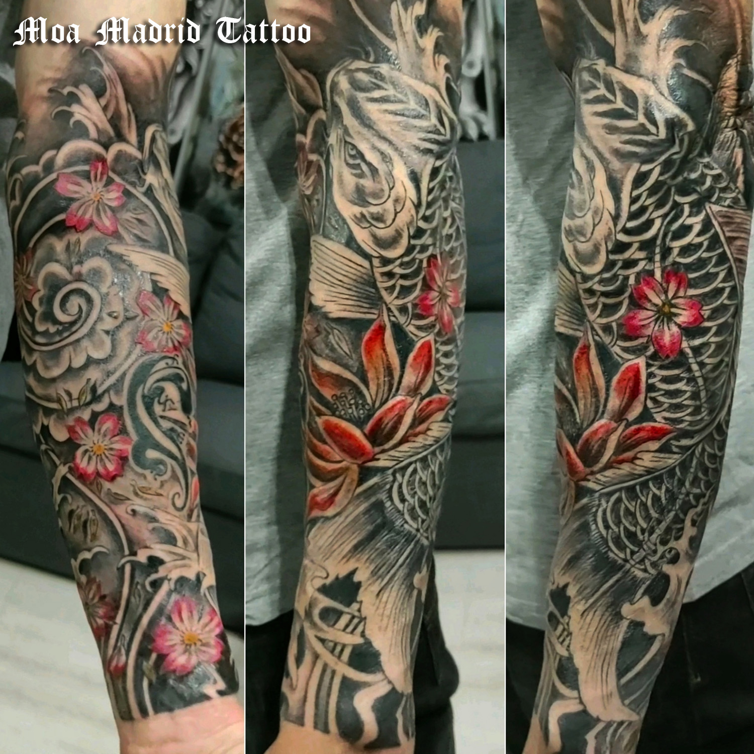 Tatuaje oriental con carpa koi, remolinos de agua y flores rodeando el antebrazo