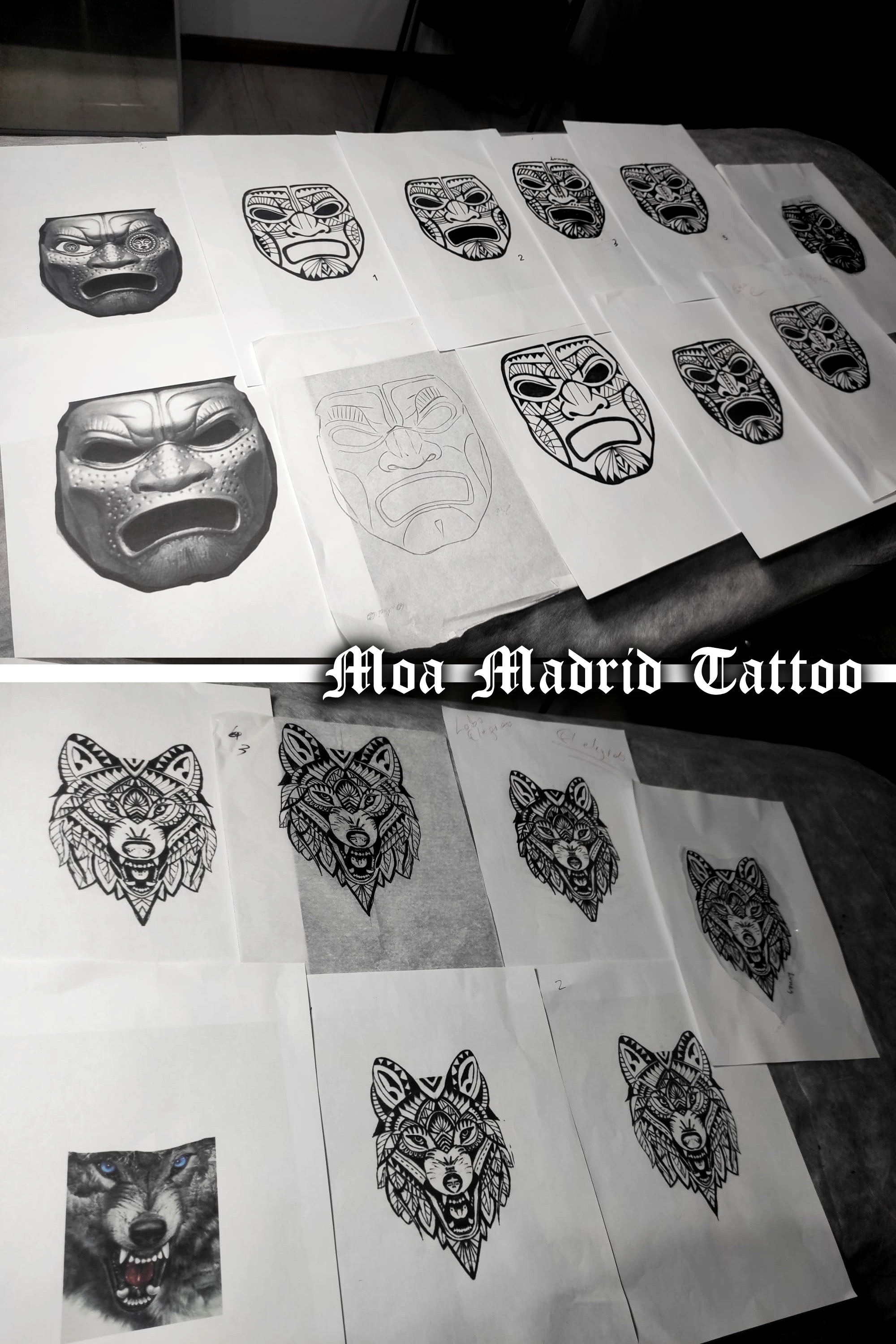 Varios diseños de tatuaje de máscara griega <em>estilo maorí</em> y de tattoo de lobo con motivos geométricos