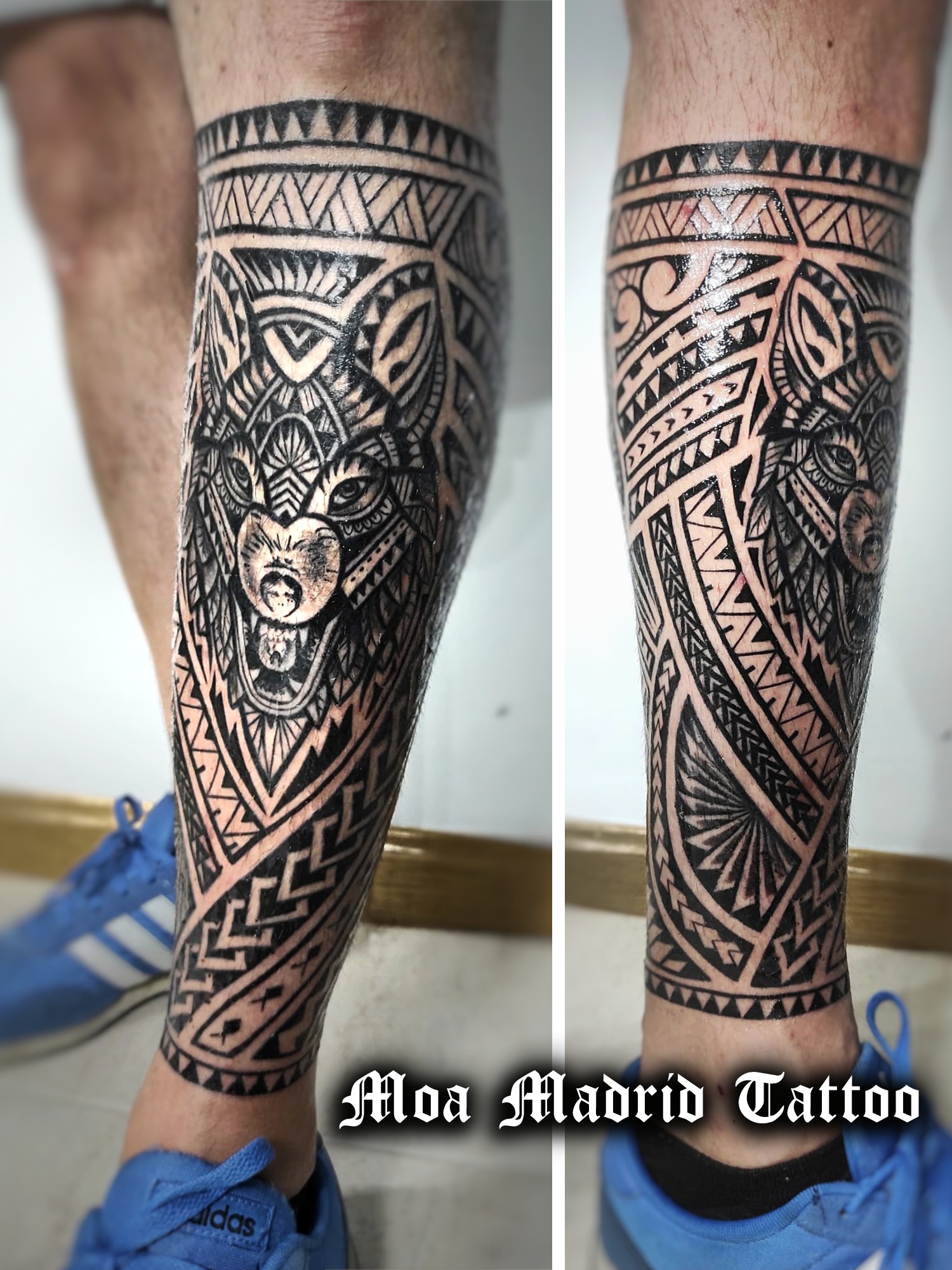 Moderno lobo con motivos geométricos integrado en el diseño del tattoo samoano en la pierna