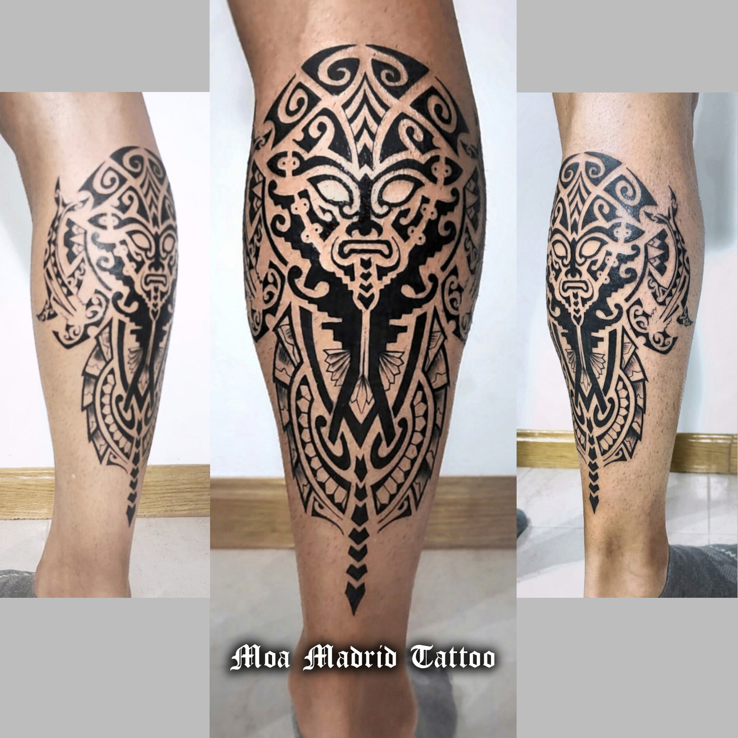 Moderno tatuaje de inspiración maorí en la pierna, con sendos tiburones martillos a cada lado.