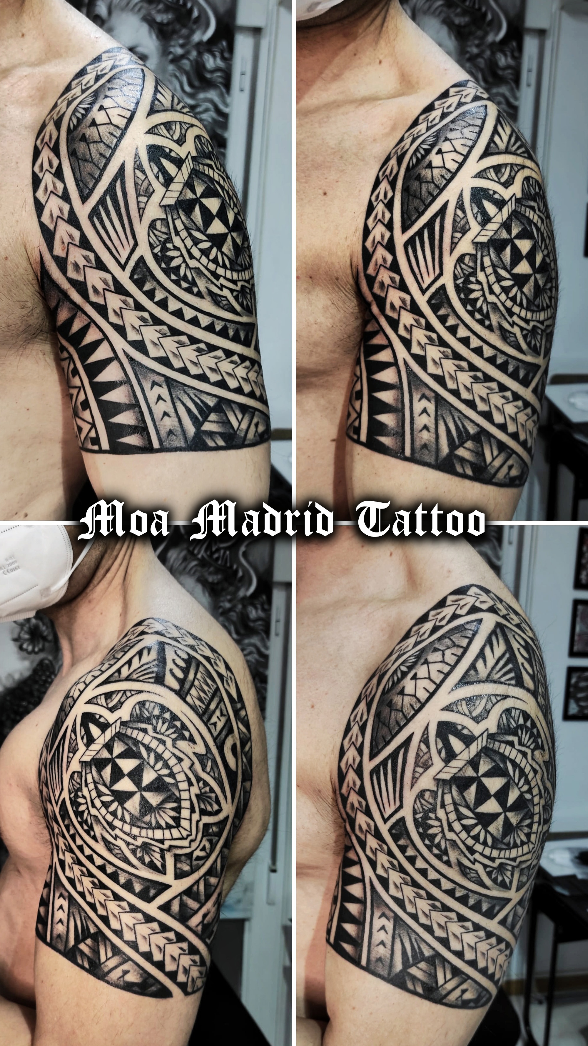 Tatuaje maorí con tortuga en brazo y hombro creado en Madrid