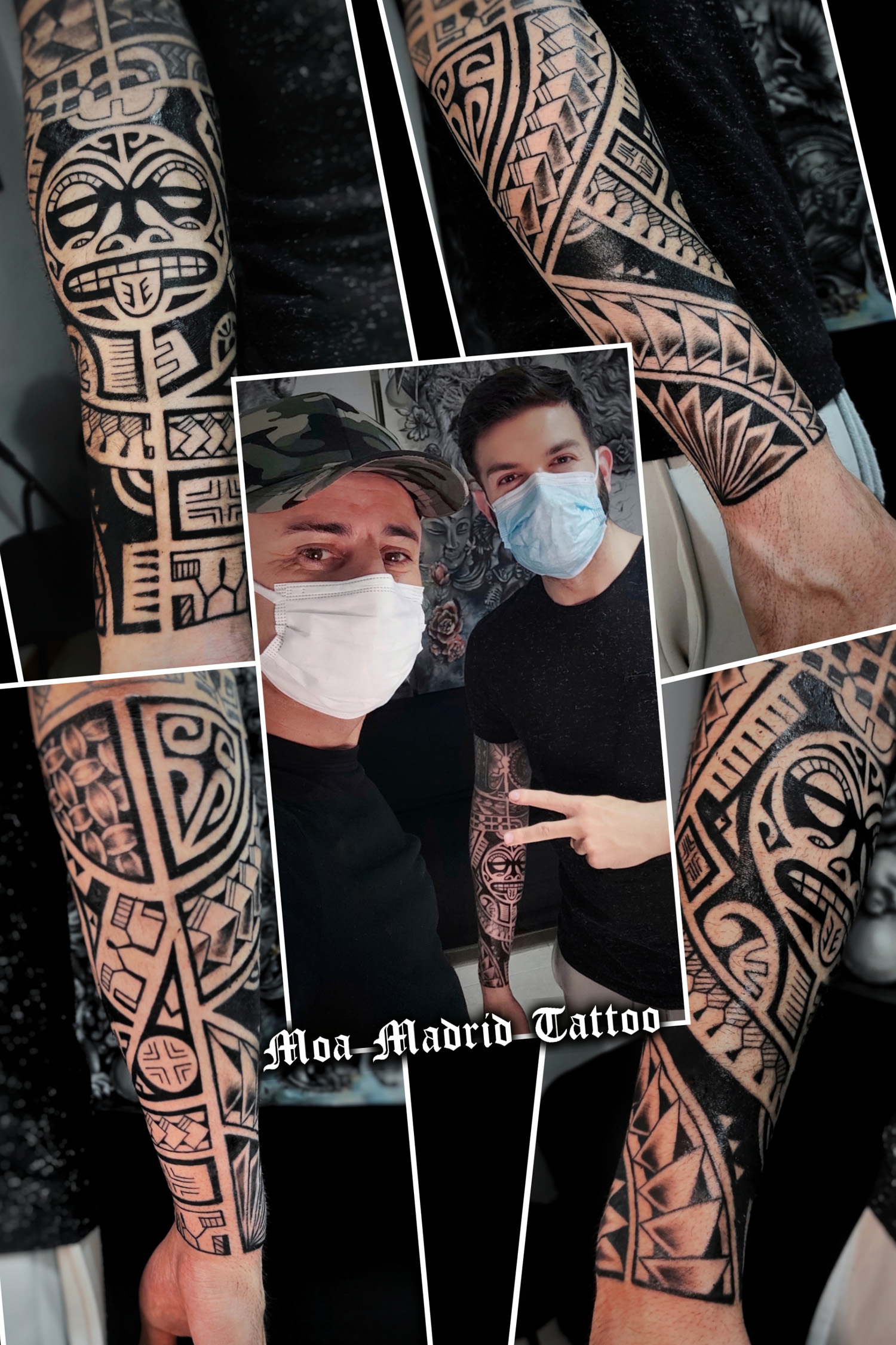 Varias vistas de este tatuaje, diseño exclusivo, que fusiona estilos maorí y samoano