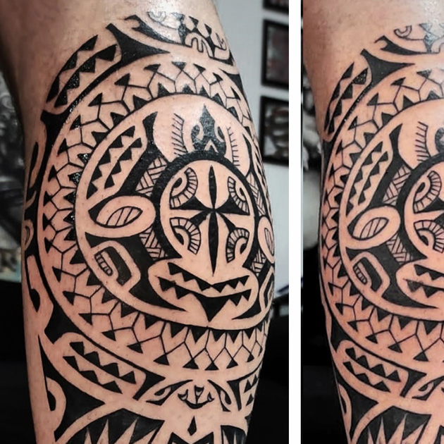 Tatuaje maorí en el gemelo, cliente de Euskadi, tatuador maorí en Madrid
