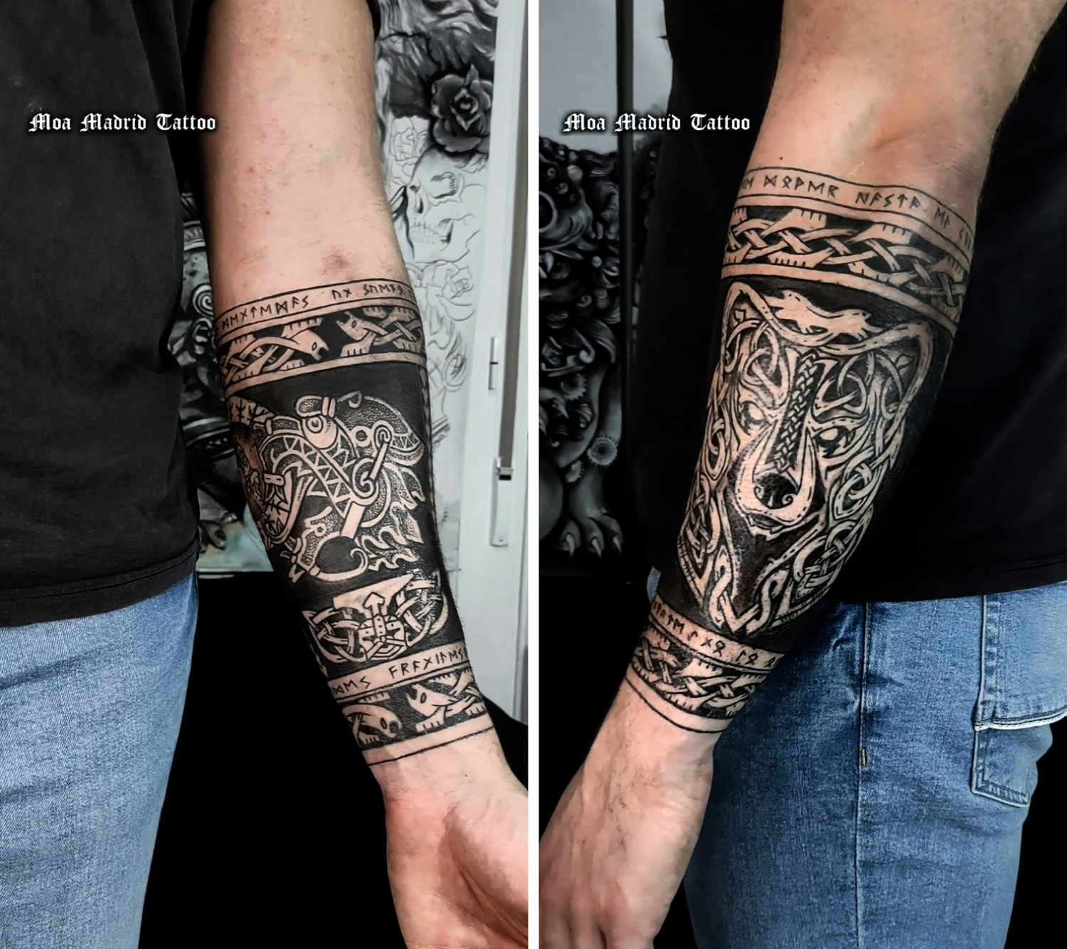 Diseño exclusivo con tatuajes de inspiración nórdica y vikinga rodeando el antebrazo