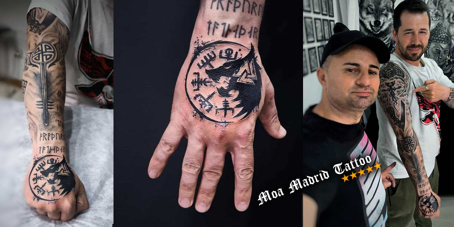 Opiniones de clientes sobre Moa Madrid Tattoo - Tatuaje vikingo de vegvísir y lobo estilo moderno