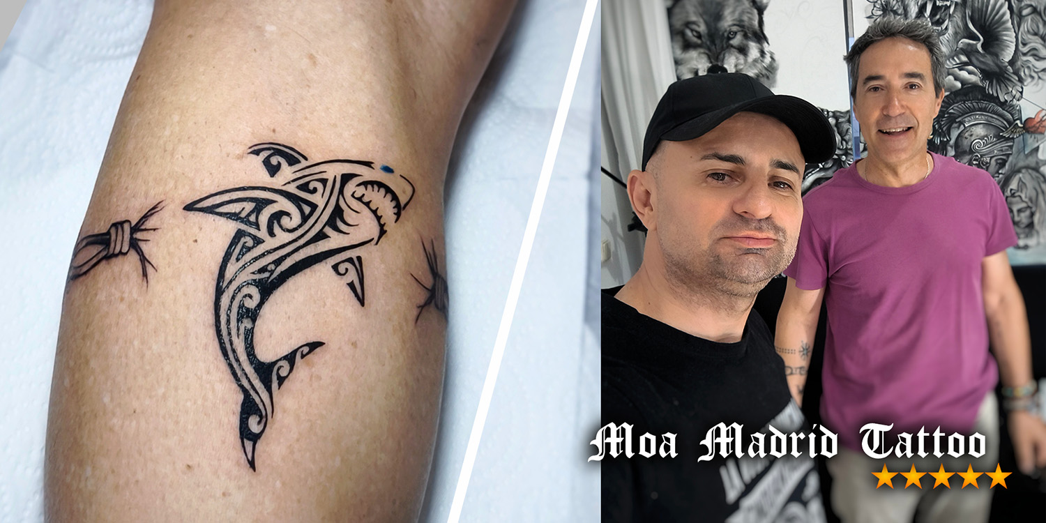 Opiniones de clientes tatuador en Madrid Moa - Tatuaje de tiburón maorí en el gemelo