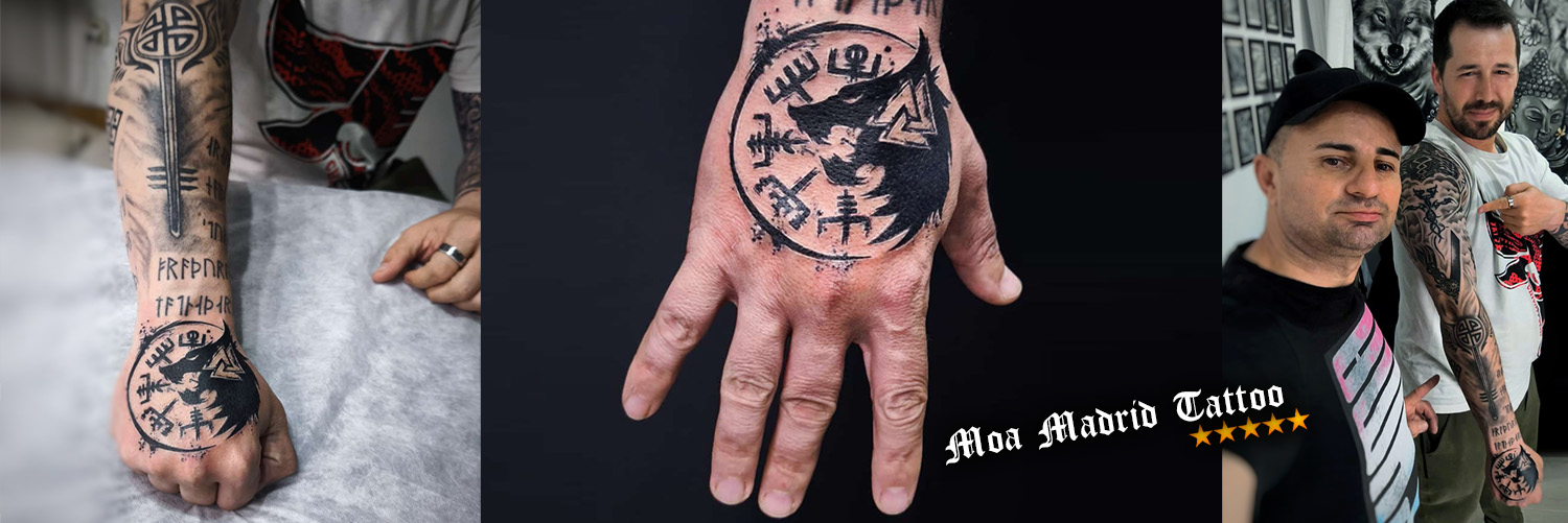 Novedades Moa Madrid Tattoo - Tatuaje vikingo con vegvísir y lobo estilo moderno
