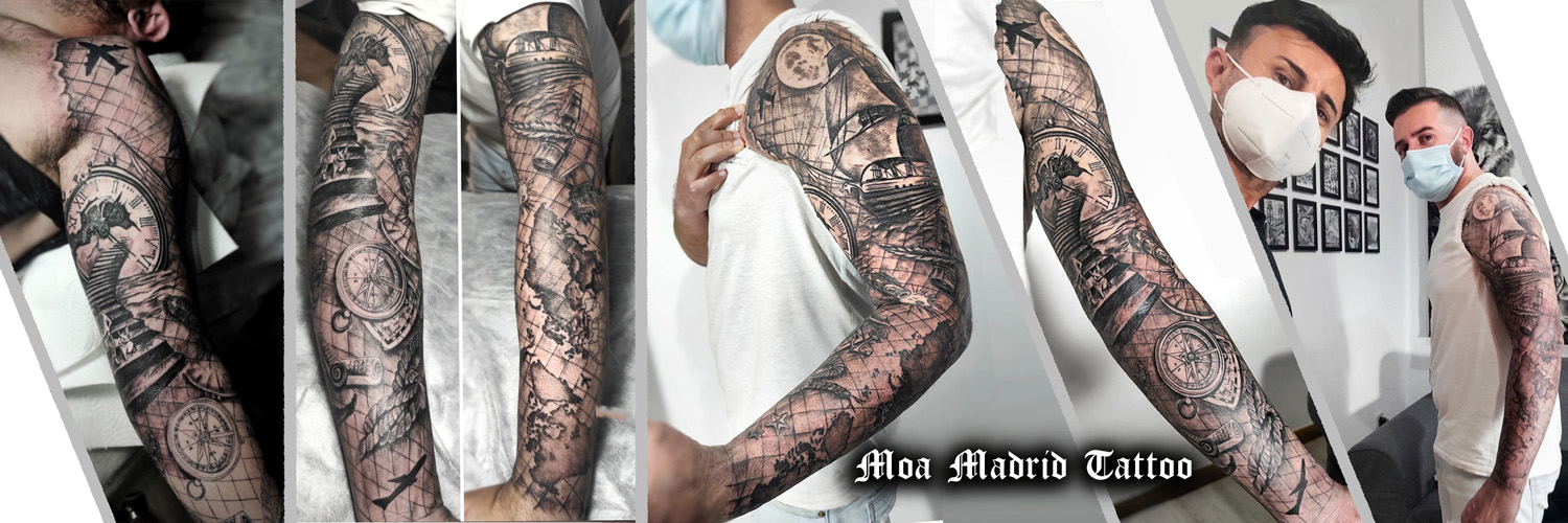 Novedades Moa Madrid Tattoo - Brazo entero lleno de tatuajes en realismo sobre los viajes y el mar