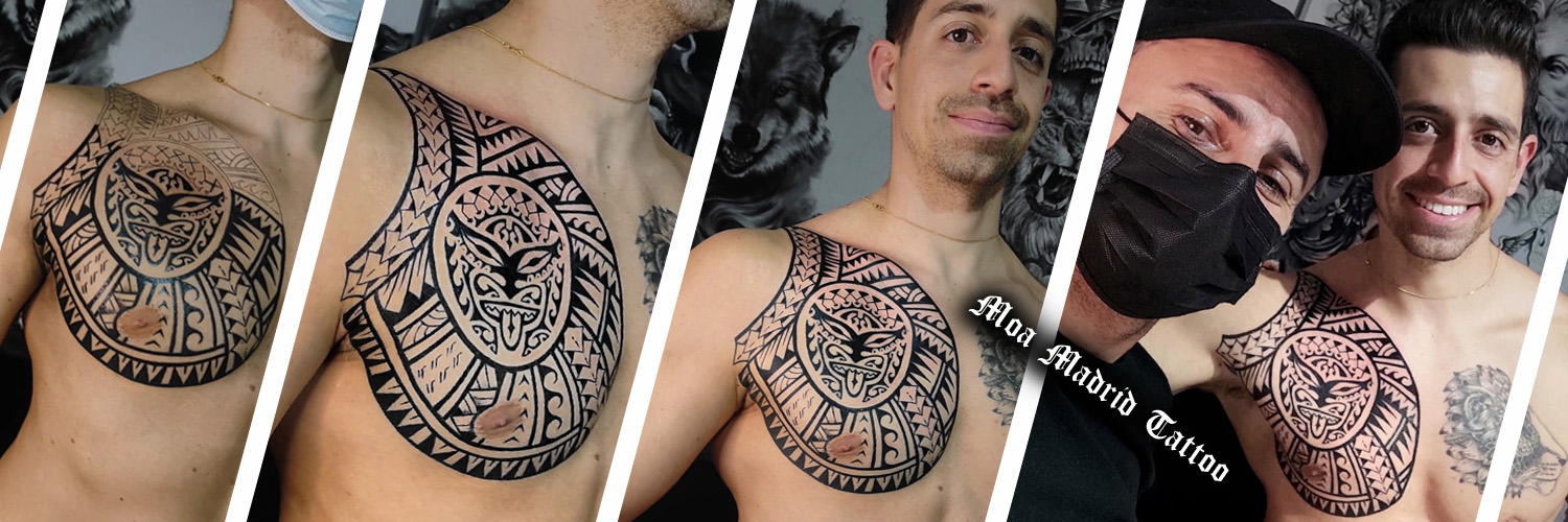 Novedades Moa Madrid Tattoo - Tatuaje con sol maorí, símbolo de fuerza y liderazgo, en el pectoral