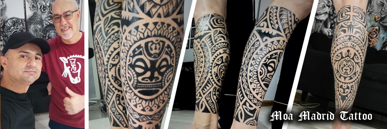 Novedades Moa Madrid Tattoo - Tatuaje maorí con sol y tortuga en la pierna