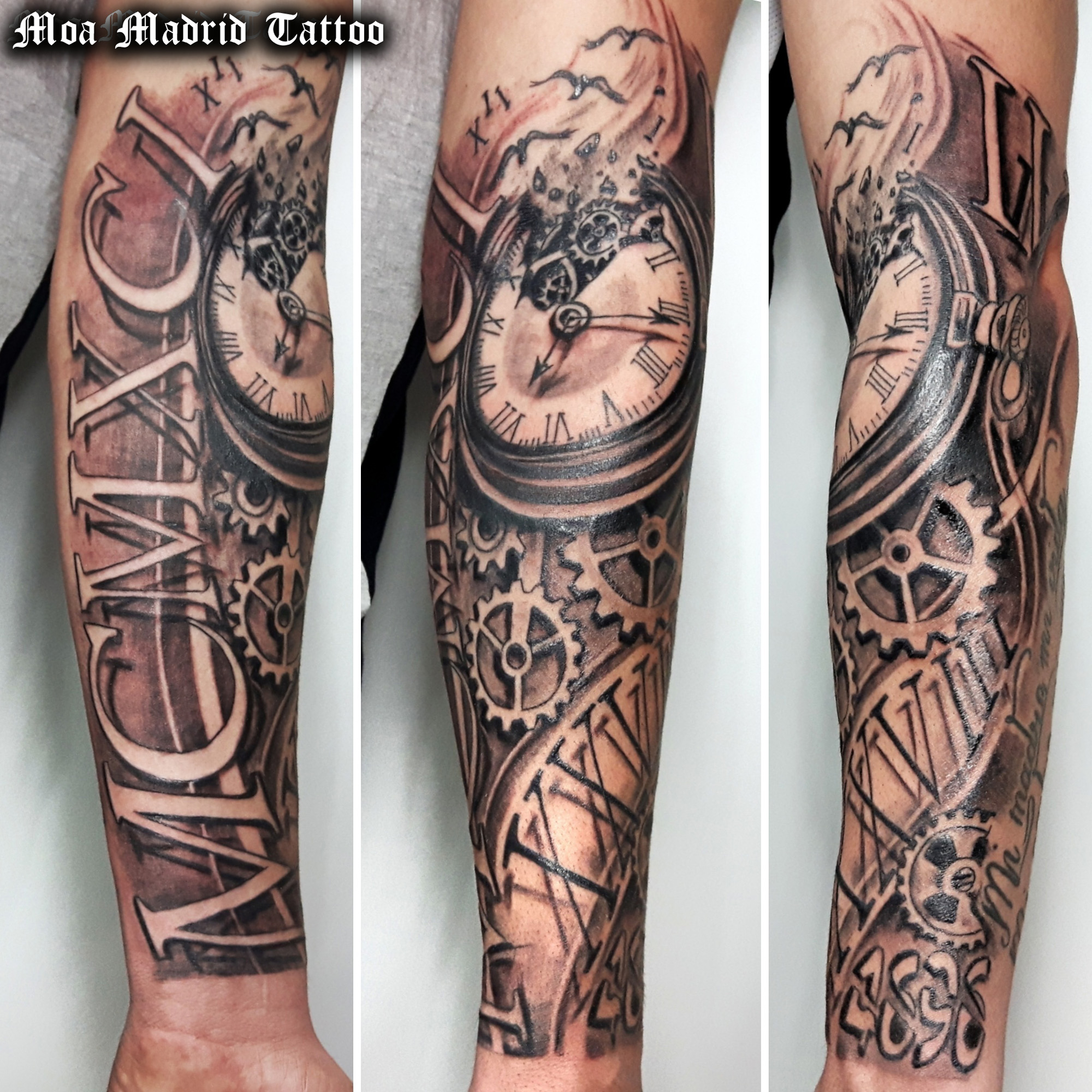Triple vista del tatuaje reloj y fechas
