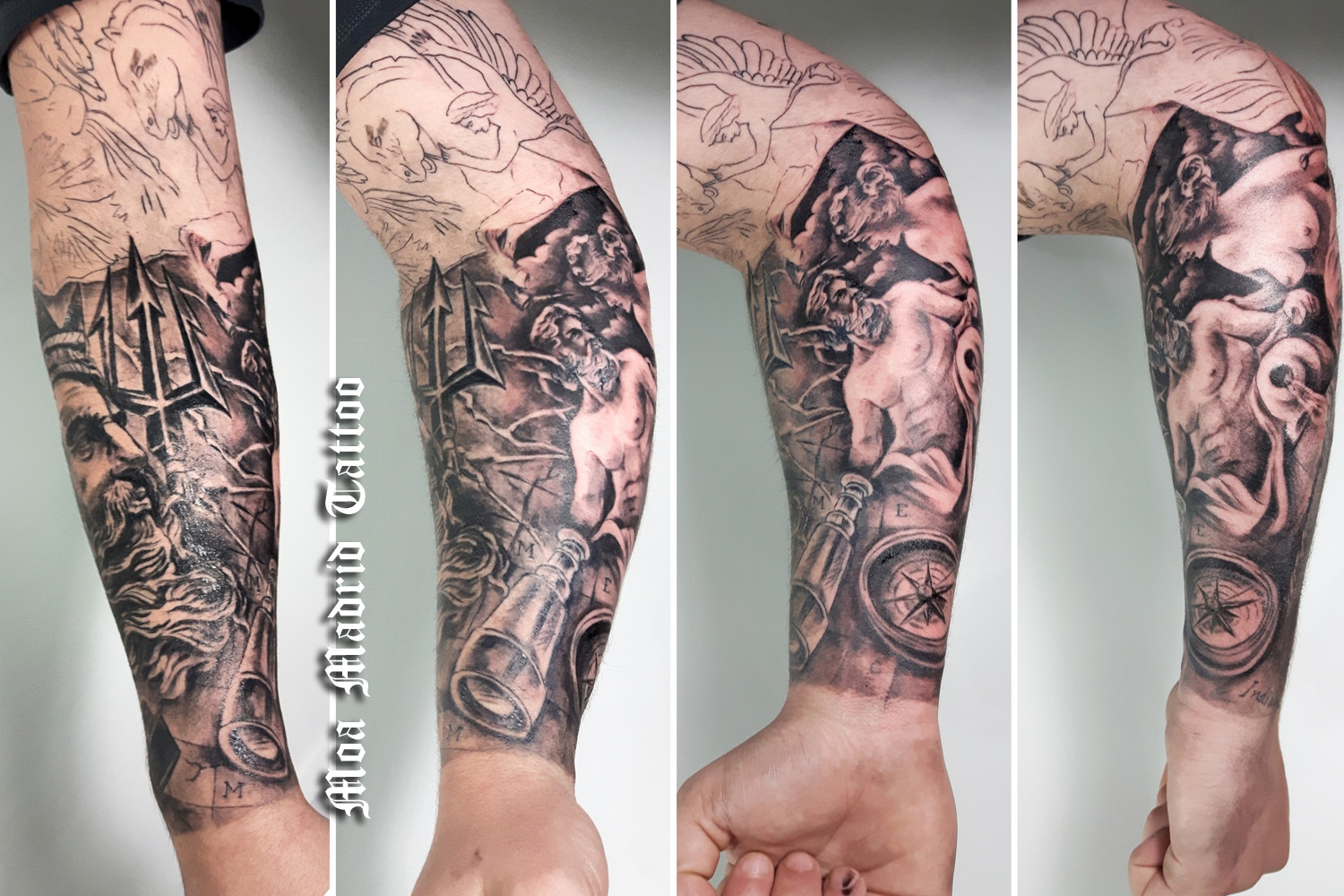 Brazo entero tatuado con esculturas en realismo | Moa Madrid Tattoo