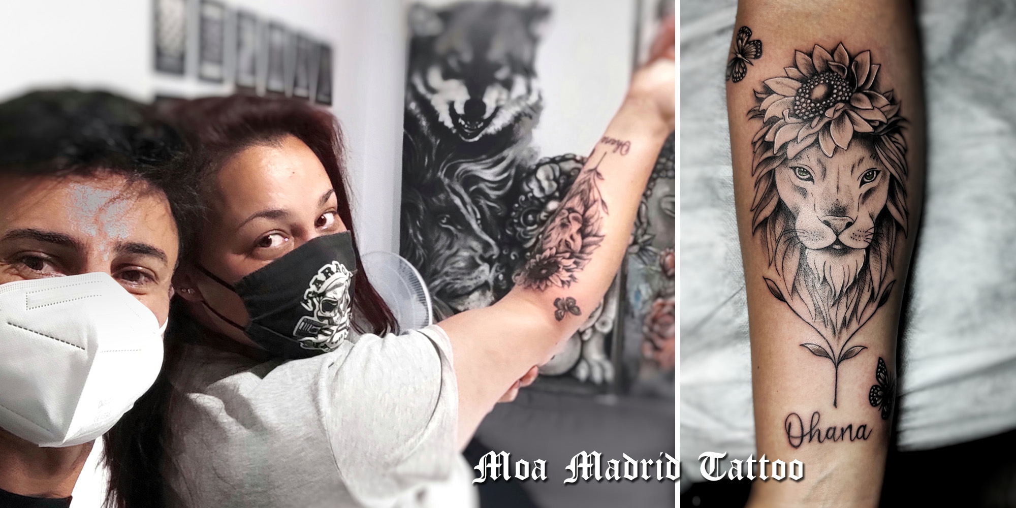 Tatuaje con león, flor y mariposas en antebrazo de mujer | Moa Madrid Tattoo