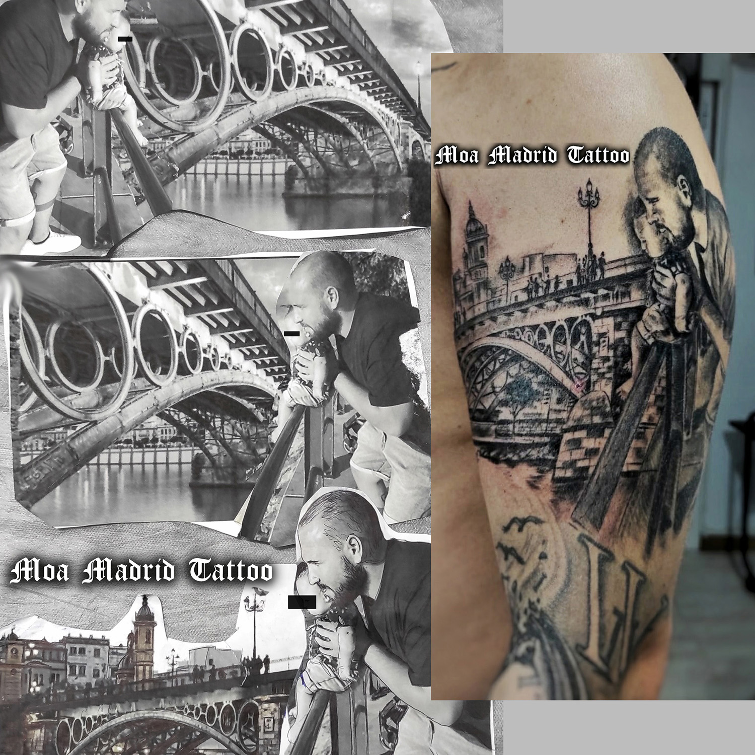 Diseño y tatuaje de padre e hijo mirando el Puente de Triana de Sevilla