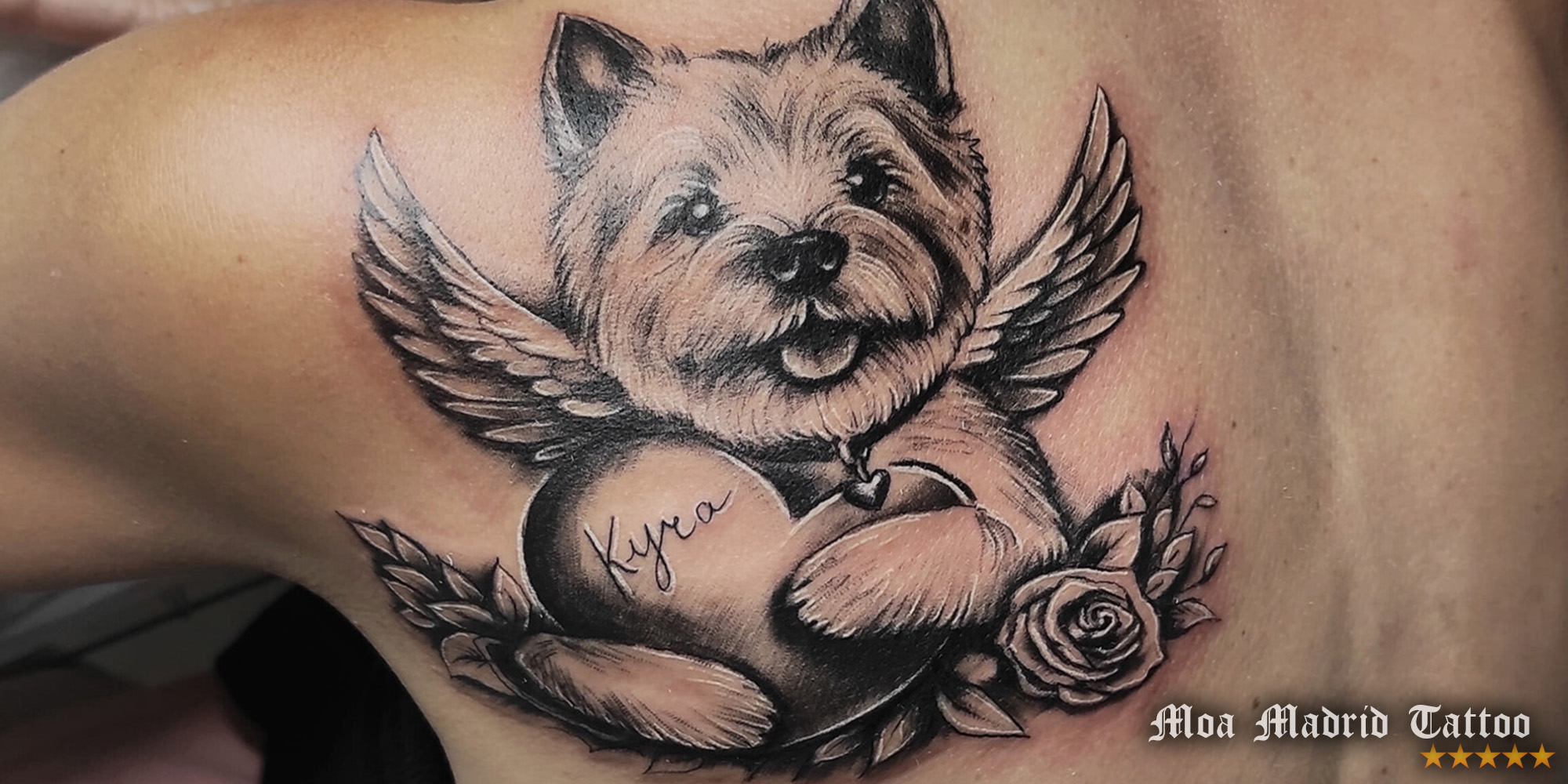 Opiniones de clientes sobre Moa Madrid Tattoo - Tatuaje de perro con alas de ángel