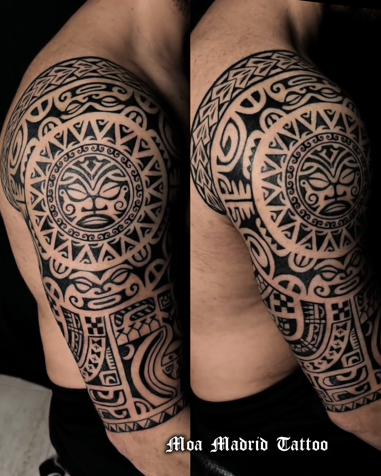 Tatuaje maorí con sol y símbolos polinesios