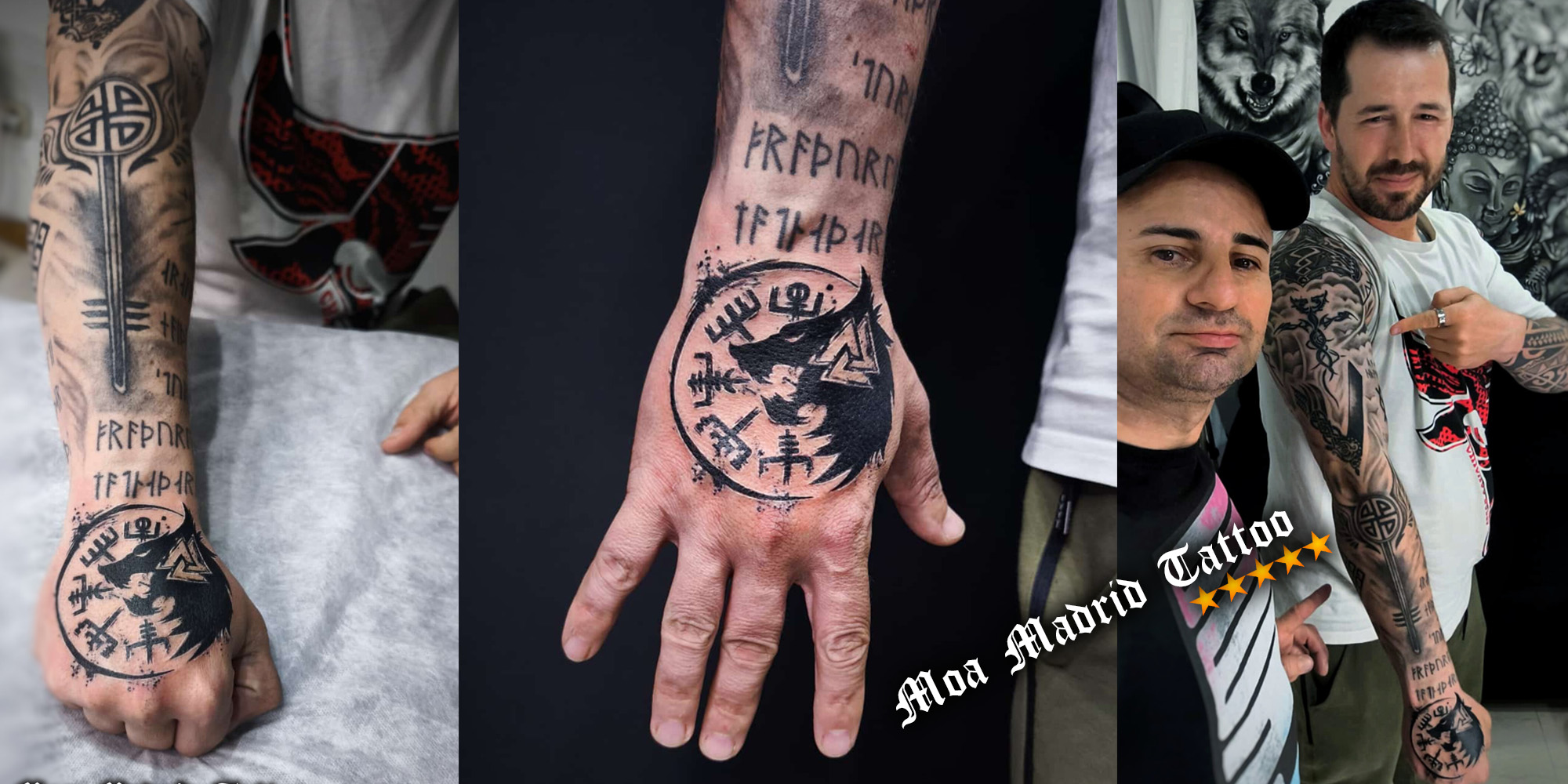 Opiniones de clientes de tatuador Moa Madrid Tattoo - Tatuaje vegvísir y lobo en la mano